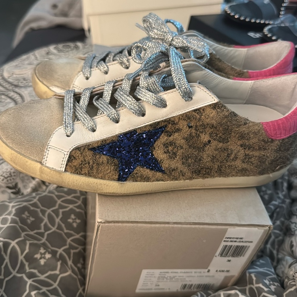 Golden Goose Beige and Blue Sneakers with Leopard Detail